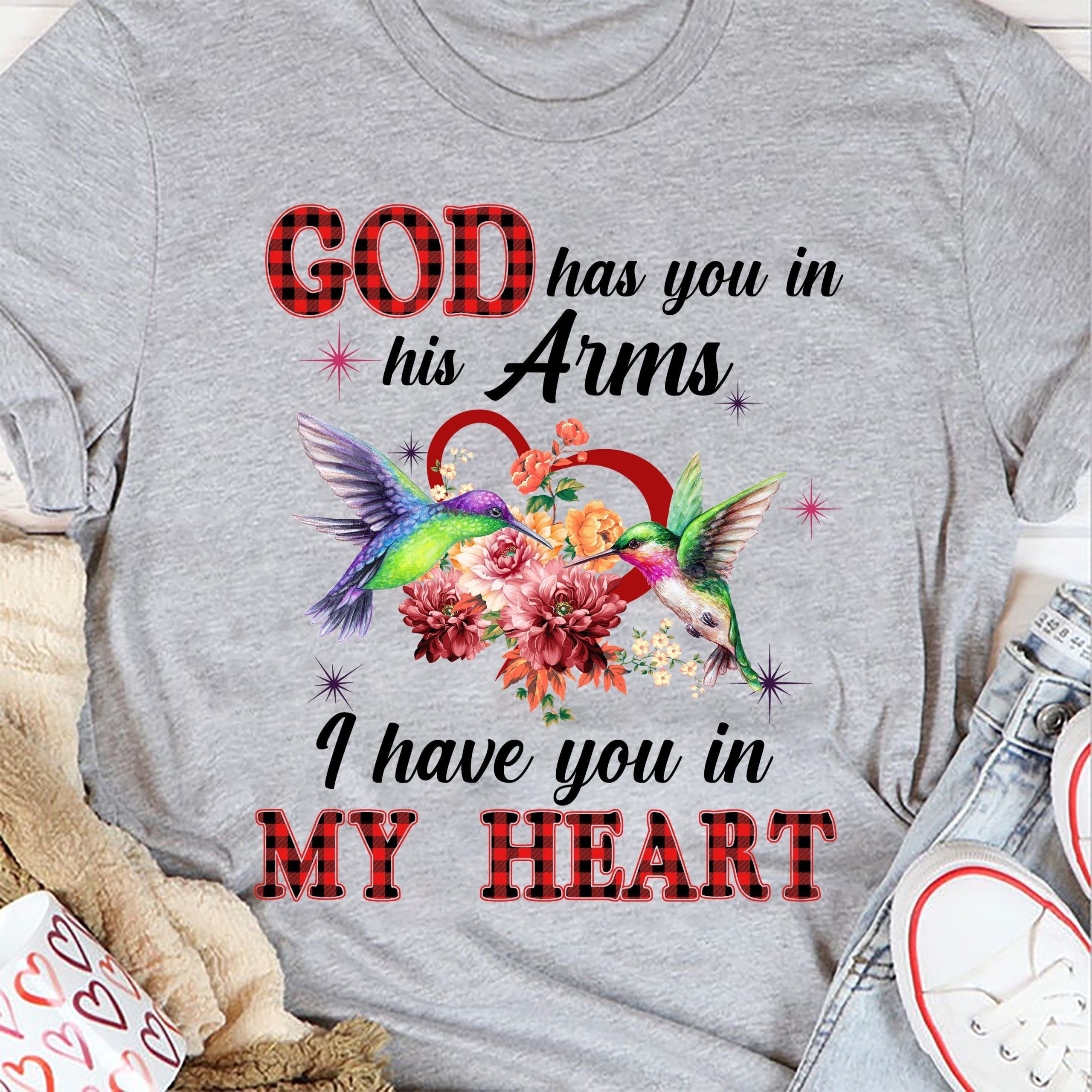 Hummingbird couple, heart shape, God has you in his arm, I have you in my heart – Heaven T Shirt