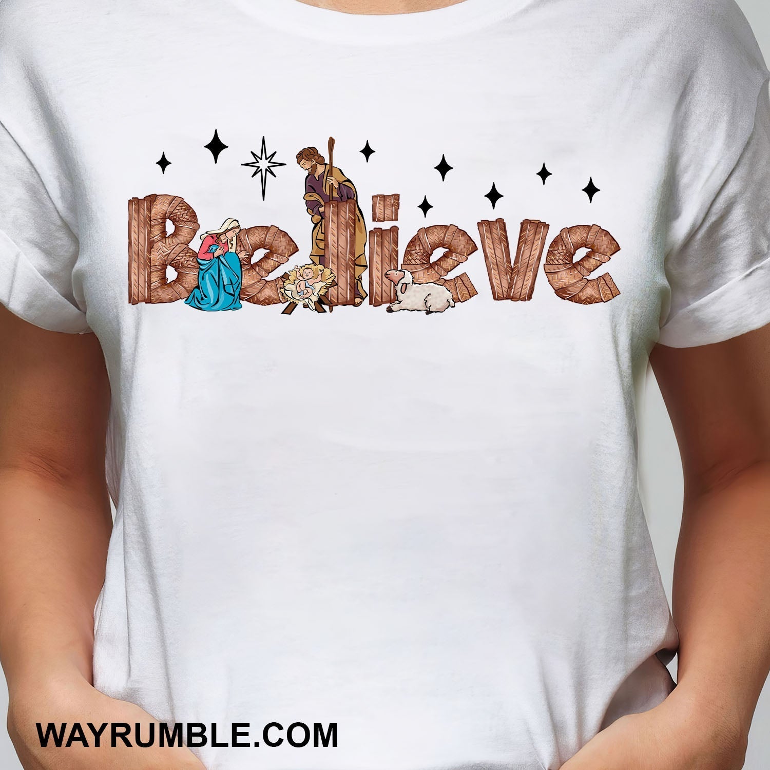 Jesus, Marie and a lamb – Believe T Shirt