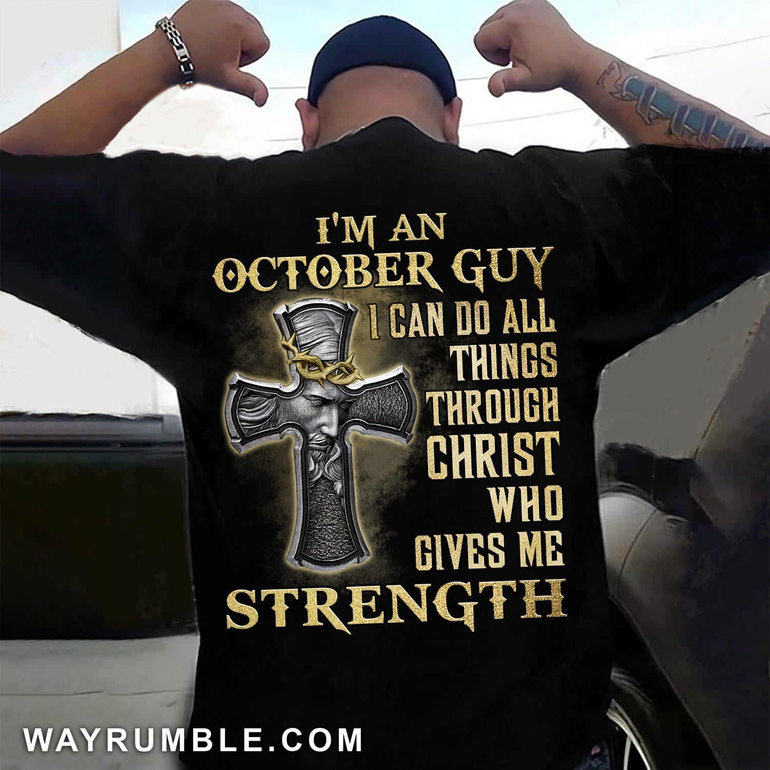Jesus with cross – I’m a October guy – Back-printed T Shirt