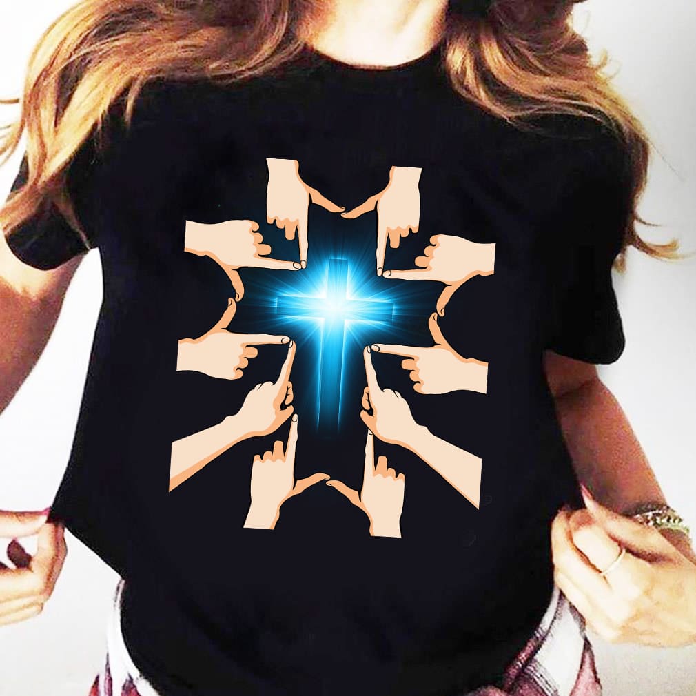 Hands forming a cross – Beautiful blue cross Jesus T Shirt